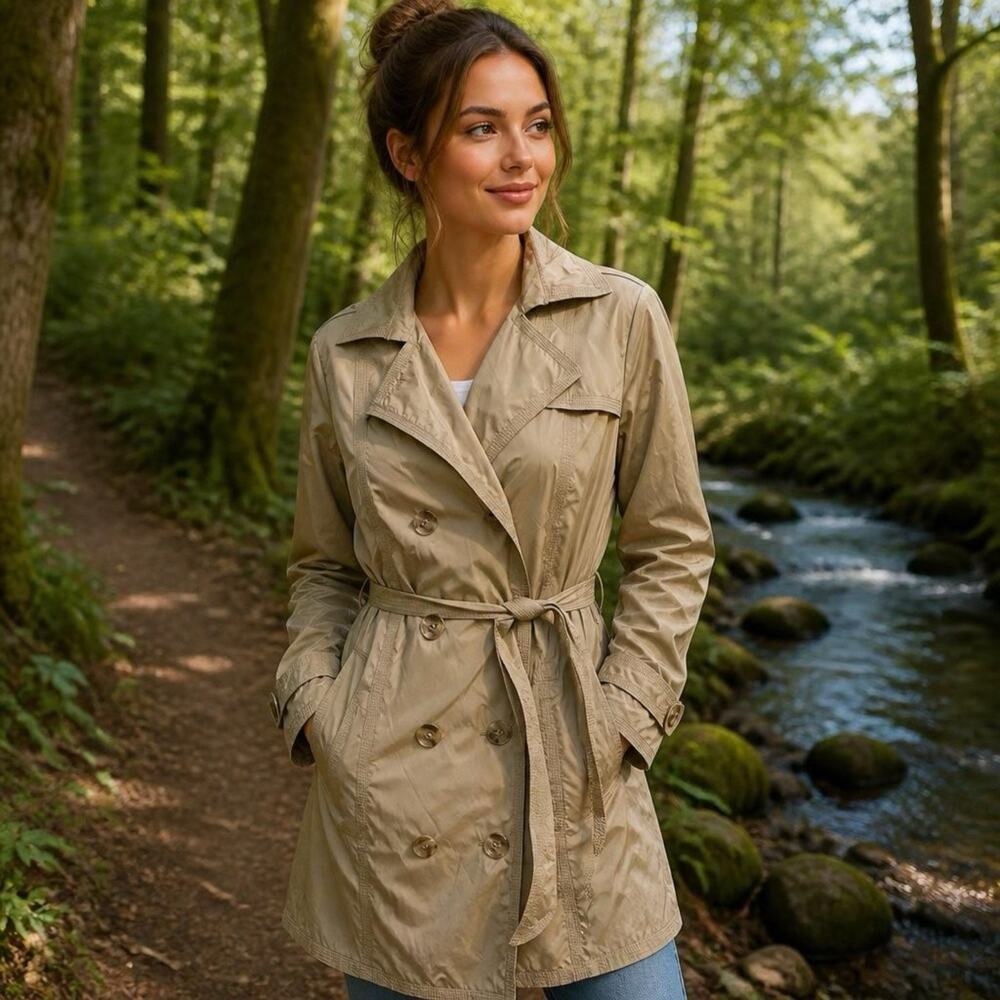 Eddie Bauer Women M Cream Lightweight Trench Jacket Windbreaker Belted Outdoors